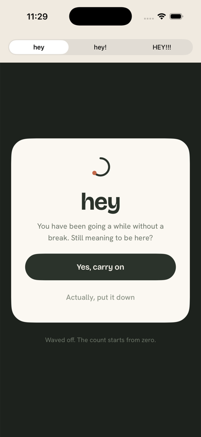 The hey shield: a card on a dark ground that says hey, “You have been going a while without a break. Still meaning to be here?”, with a Yes, carry on button.