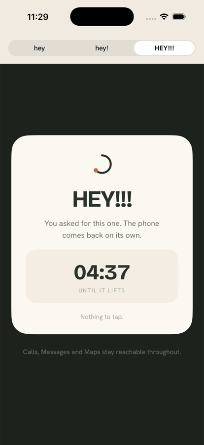 The HEY!!! shield: a card on a dark ground that says HEY!!!, “You asked for this one. About 5 minutes until it lifts.”