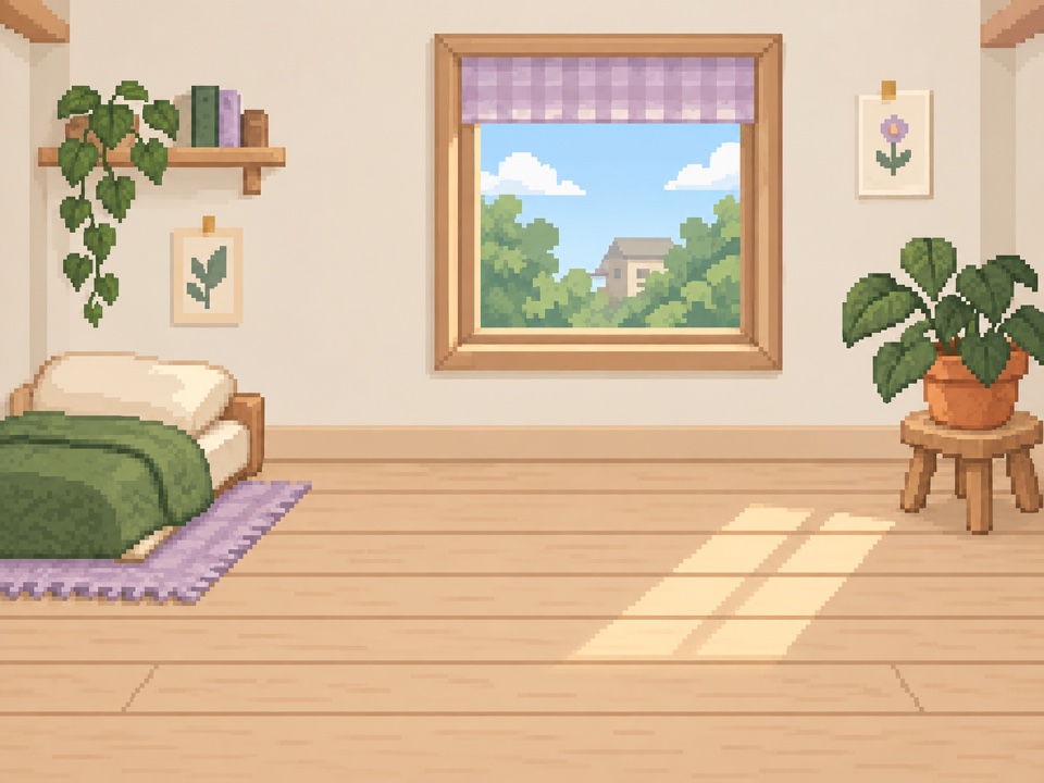 A cozy pixel-art room with plants, a sunny window, and a tiny bed.